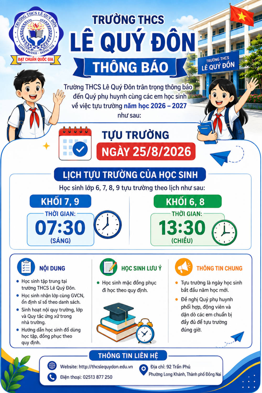 📢THÔNG BÁO LỊCH TỰU TRƯỜNG NĂM HỌC 2026 - 2027